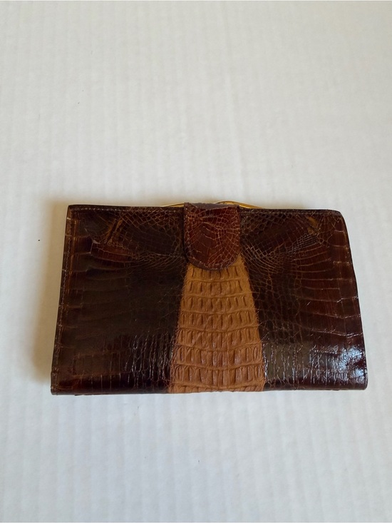 Handbags - Vintage Croc-Embossed Leather Wallet in Dark Brown and Tan
